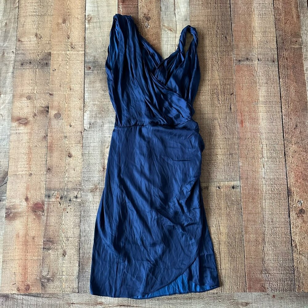 Reiss Womens Size 4 Zaria Drape Navy Satin Dress Sleeveless Ruched Bodycon Mini